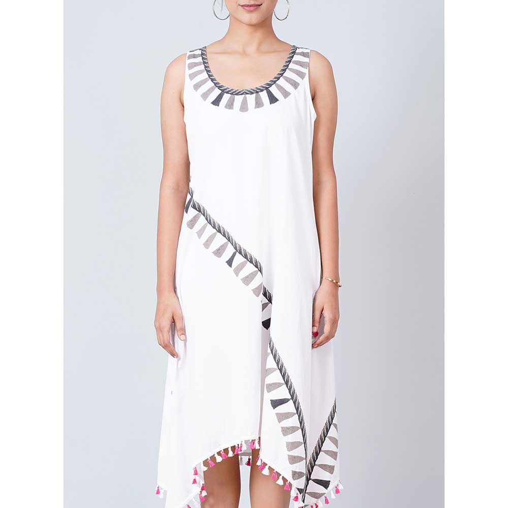 First Resort by Ramola Bachchan White A-Line Tassel Dress