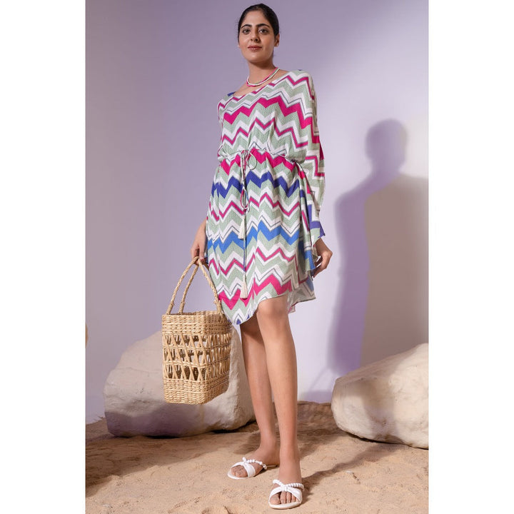 First Resort by Ramola Bachchan Pink and Blue Chevron Midi Dress With Belt (Set of 2)