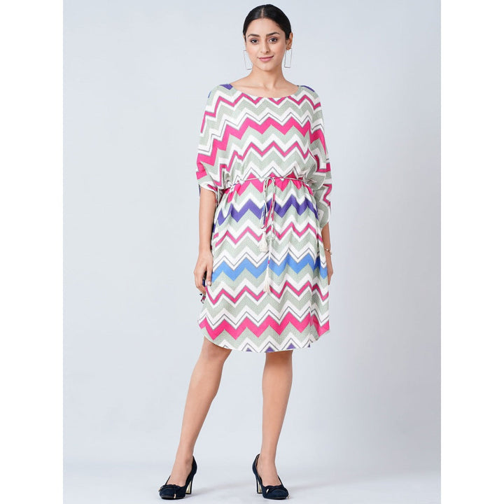 First Resort by Ramola Bachchan Pink and Blue Chevron Midi Dress With Belt (Set of 2)