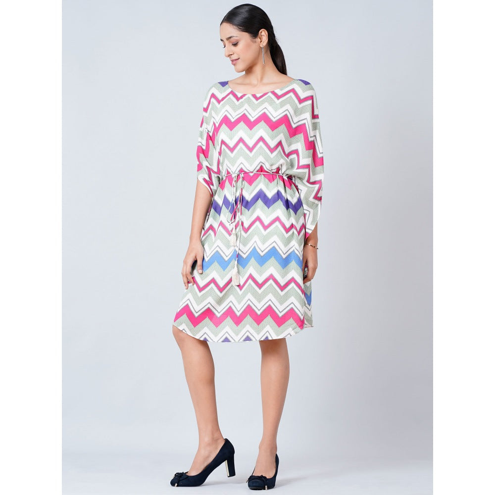 First Resort by Ramola Bachchan Pink and Blue Chevron Midi Dress With Belt (Set of 2)