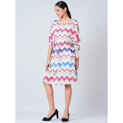 First Resort by Ramola Bachchan Pink and Blue Chevron Midi Dress With Belt (Set of 2)