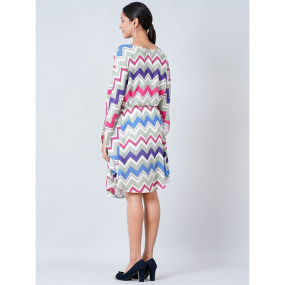 First Resort by Ramola Bachchan Pink and Blue Chevron Midi Dress With Belt (Set of 2)