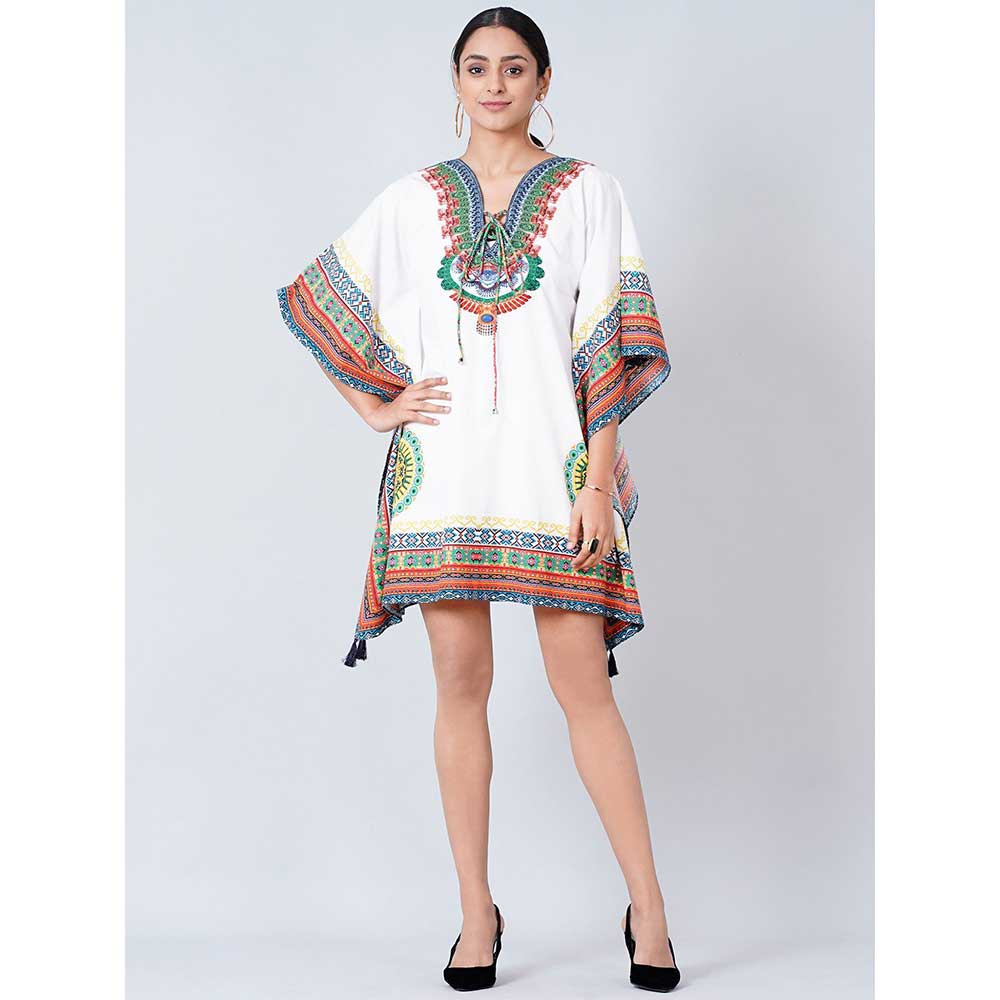 First Resort by Ramola Bachchan White and Green Tribal Kaftan Top