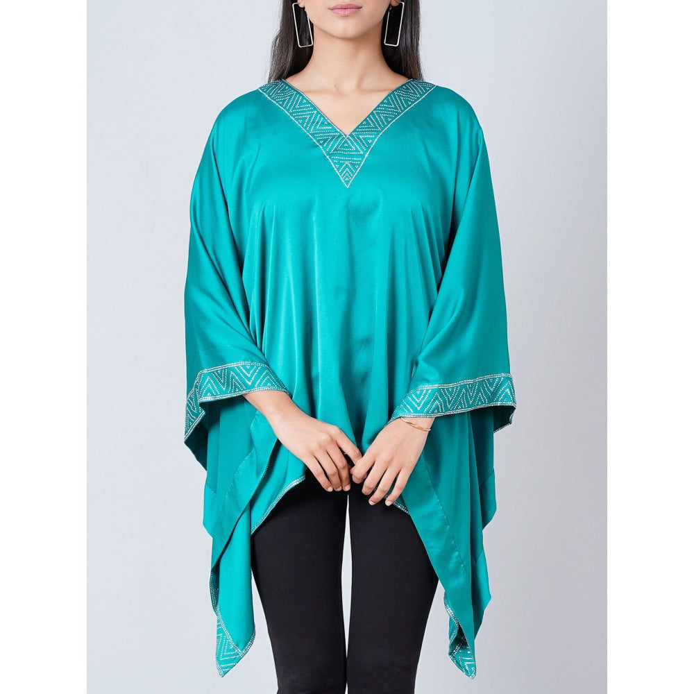 First Resort by Ramola Bachchan Turquoise Embellished Kaftan Top
