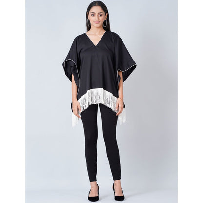 First Resort by Ramola Bachchan Black Kaftan Top with White Fringe