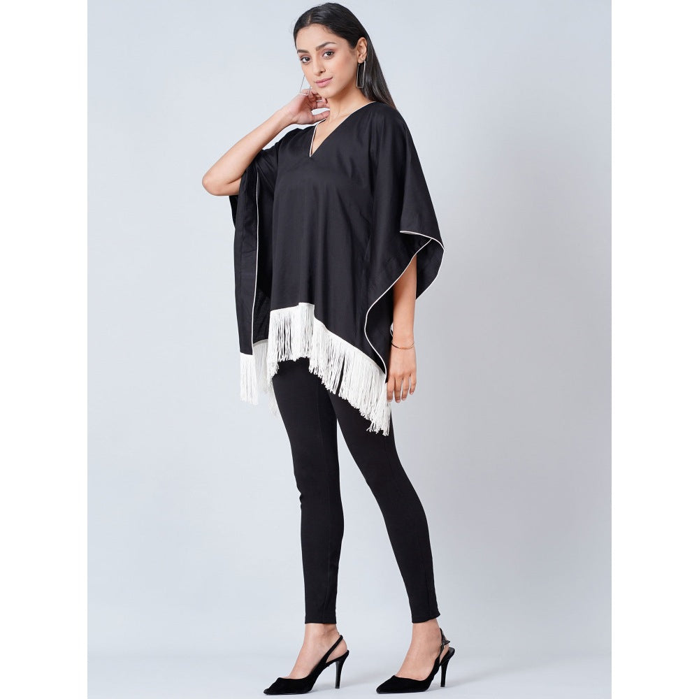 First Resort by Ramola Bachchan Black Kaftan Top with White Fringe