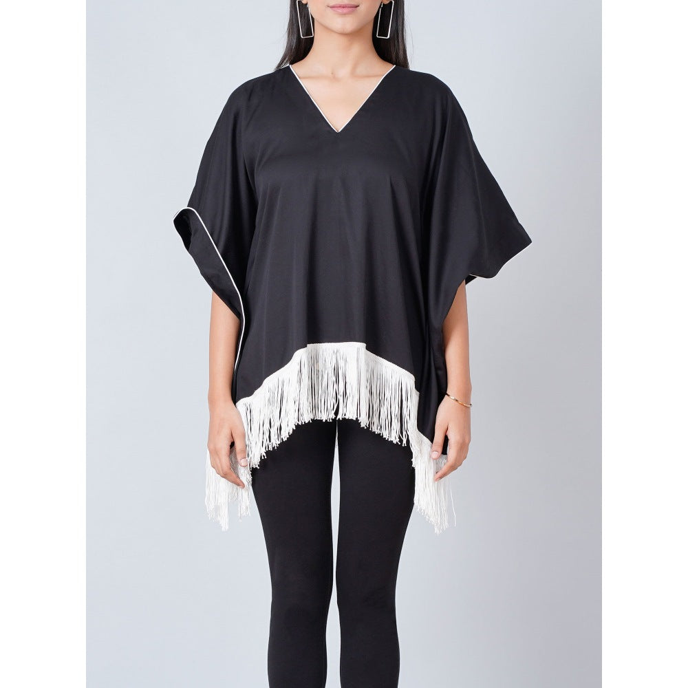 First Resort by Ramola Bachchan Black Kaftan Top with White Fringe