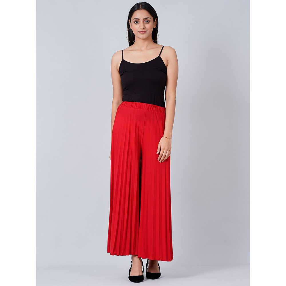 First Resort by Ramola Bachchan Red Wide Leg Pleated Palazzo