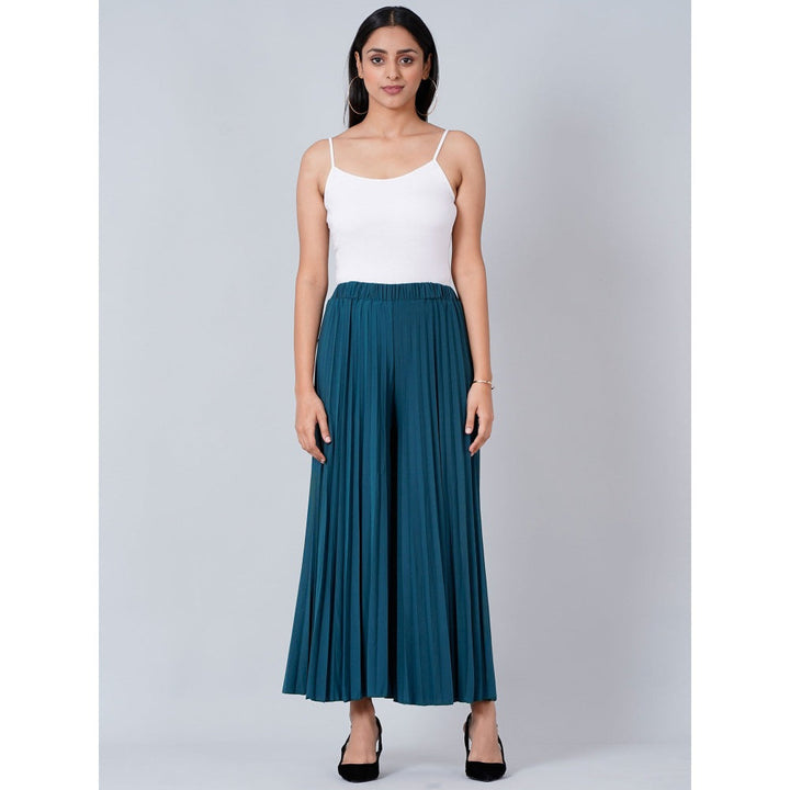First Resort by Ramola Bachchan Teal Blue Wide Leg Pleated Palazzo