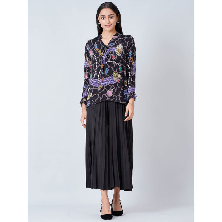 First Resort by Ramola Bachchan Black Jewel Print Lace-Up Top and Pleated Palazzo (Set of 2)