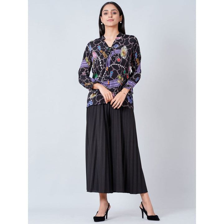 First Resort by Ramola Bachchan Black Jewel Print Lace-Up Top and Pleated Palazzo (Set of 2)