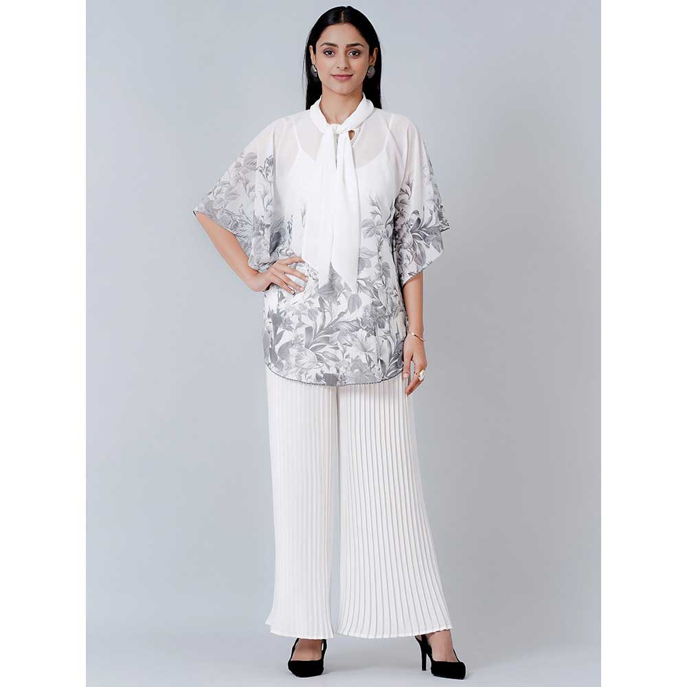 First Resort by Ramola Bachchan Grey Floral Top and White Pleated Palazzo (Set of 2)