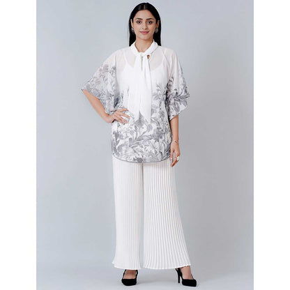 First Resort by Ramola Bachchan Grey Floral Top and White Pleated Palazzo (Set of 2)