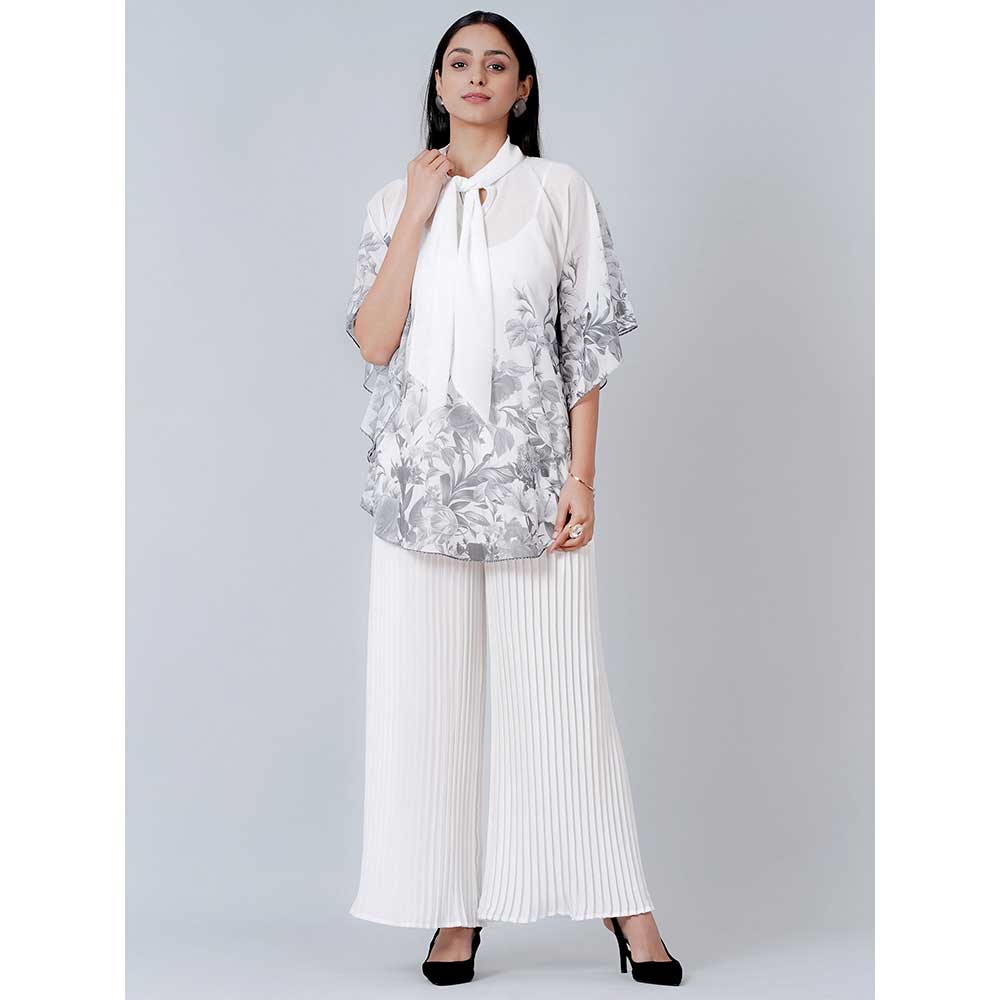 First Resort by Ramola Bachchan Grey Floral Top and White Pleated Palazzo (Set of 2)