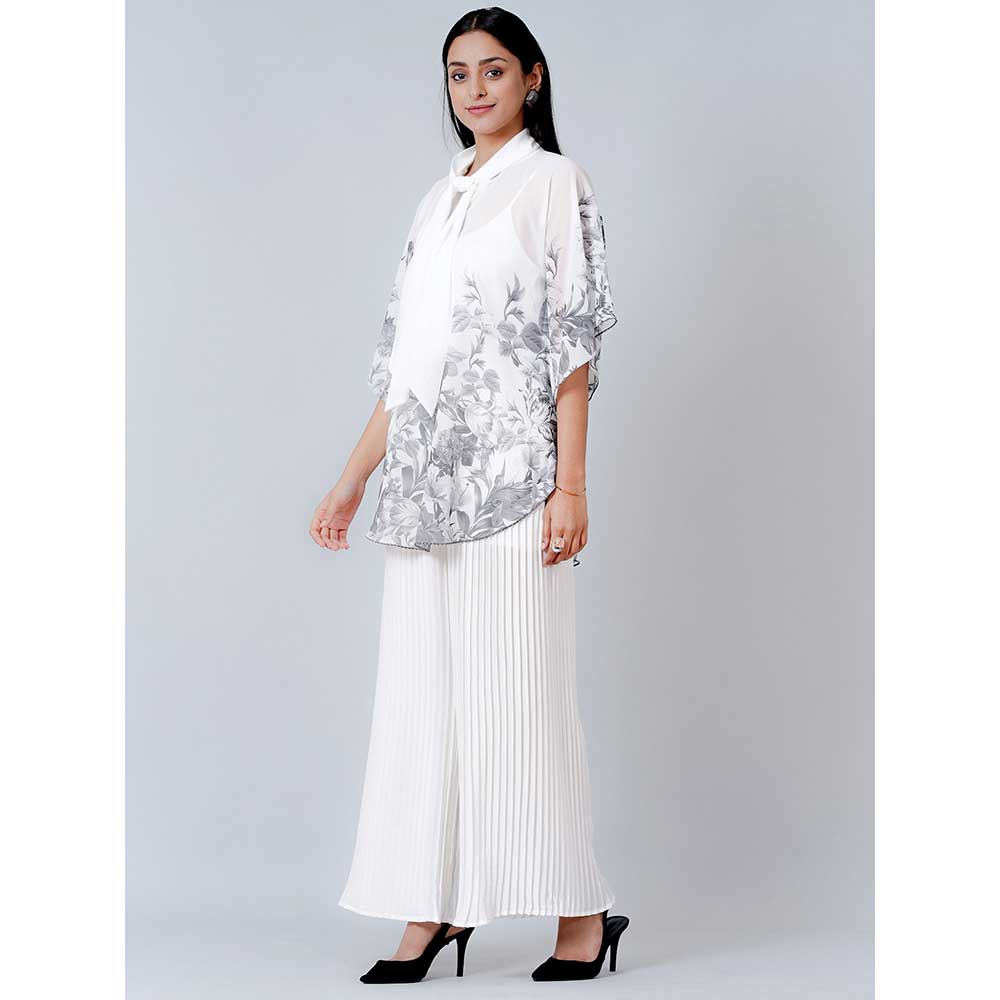First Resort by Ramola Bachchan Grey Floral Top and White Pleated Palazzo (Set of 2)