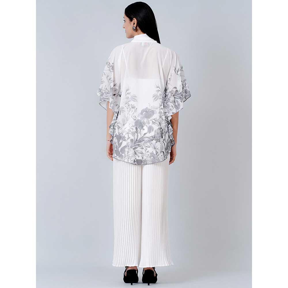 First Resort by Ramola Bachchan Grey Floral Top and White Pleated Palazzo (Set of 2)