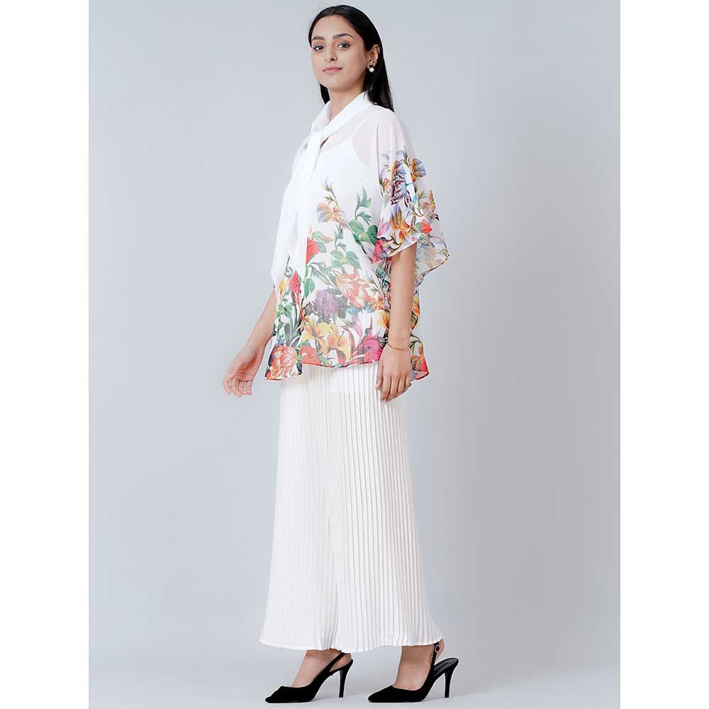 First Resort by Ramola Bachchan White Floral Top and Pleated Palazzo (Set of 2)