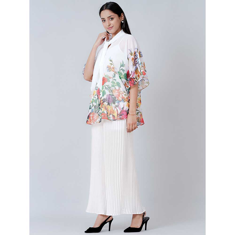 First Resort by Ramola Bachchan White Floral Top and Pleated Palazzo (Set of 2)