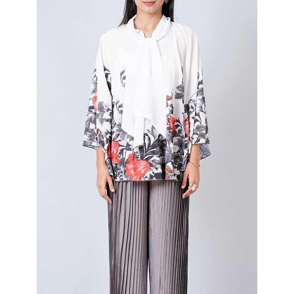First Resort by Ramola Bachchan Red and Grey Floral Top and Pleated Palazzo (Set of 2)
