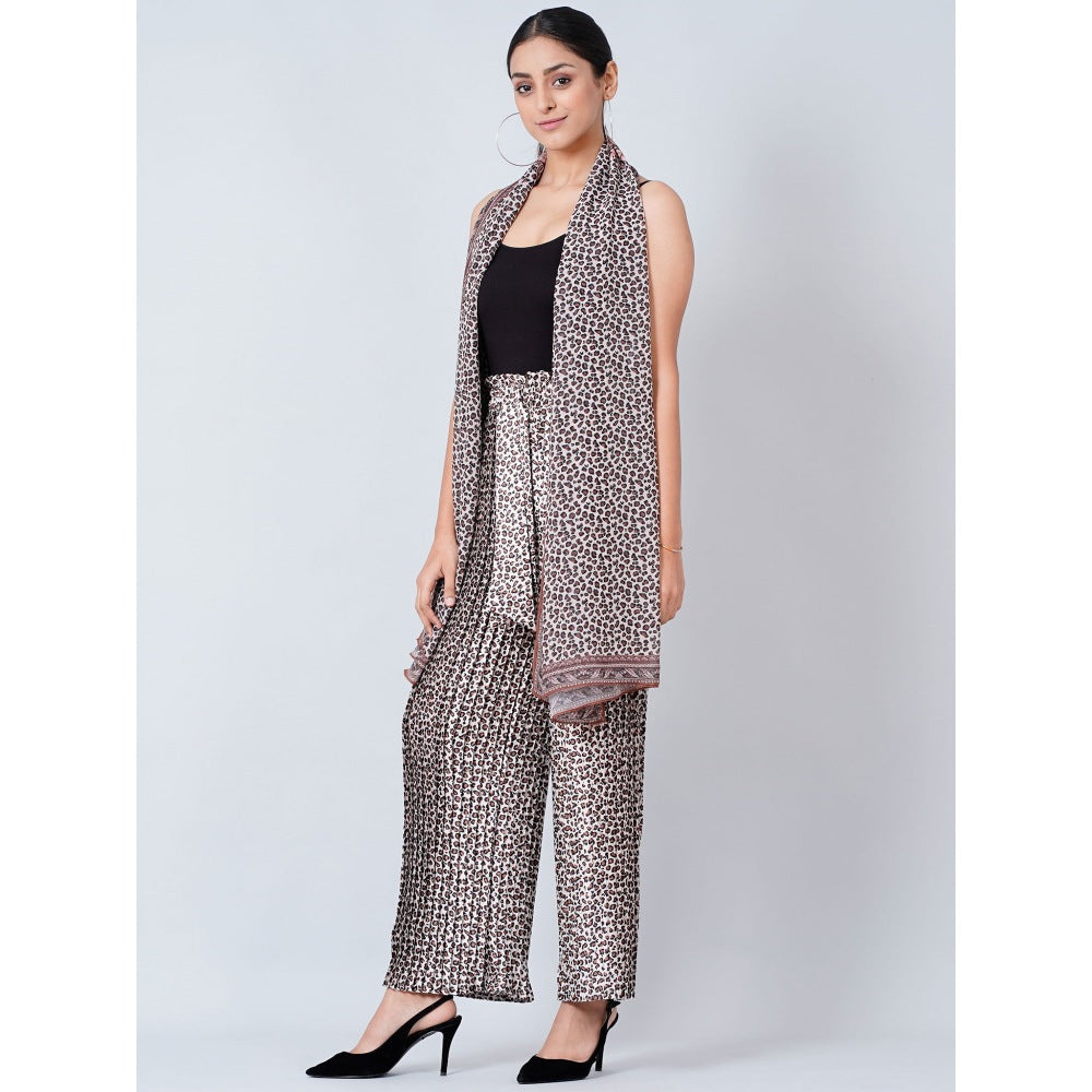 First Resort by Ramola Bachchan Brown Leopard Print Pleated Palazzo and Stole (Set of 2)