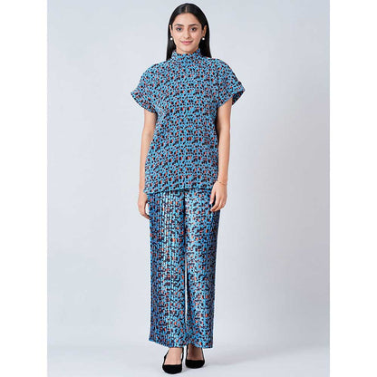First Resort by Ramola Bachchan Blue Animal Print Top and Knife Pleated Palazzo (Set of 2)
