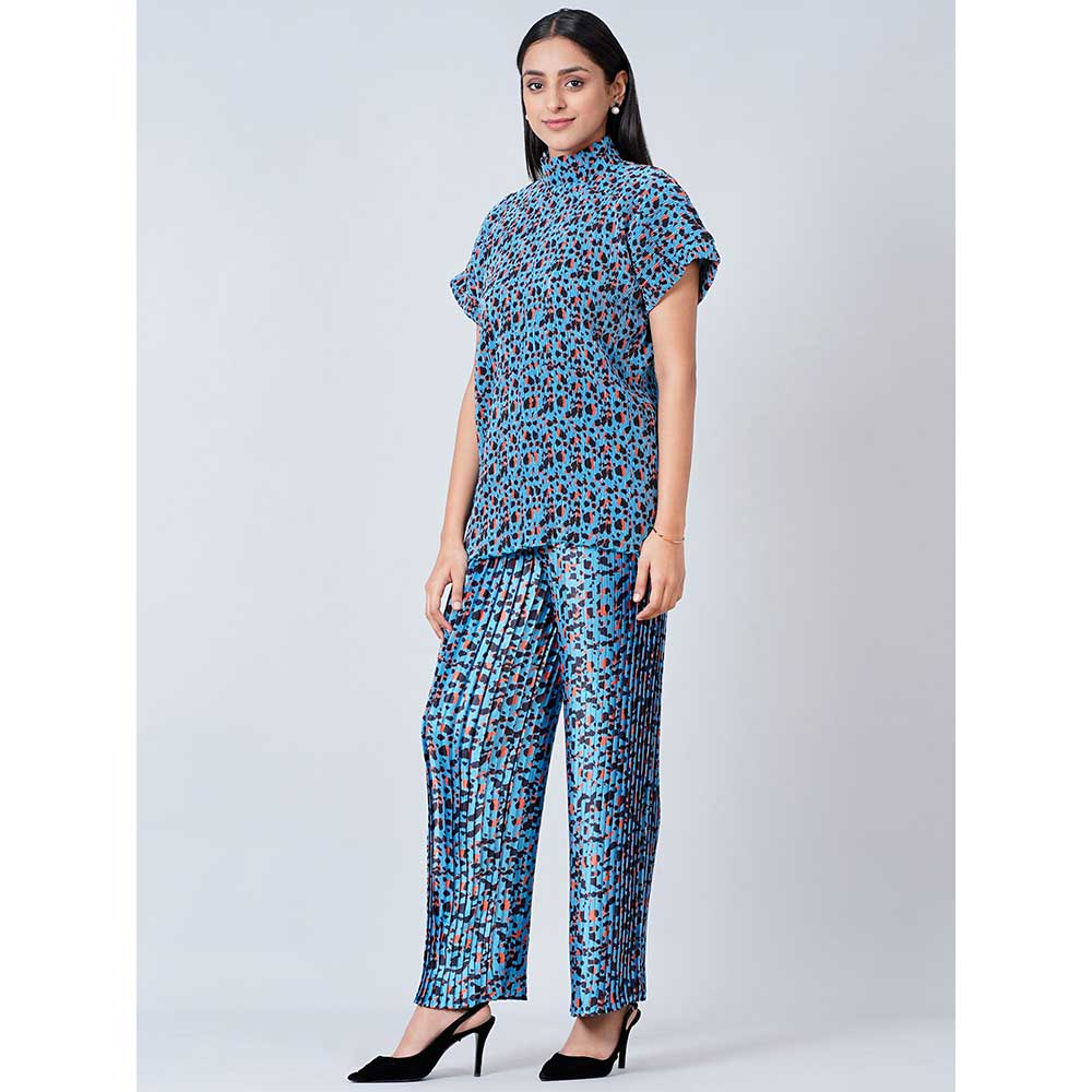 First Resort by Ramola Bachchan Blue Animal Print Top and Knife Pleated Palazzo (Set of 2)
