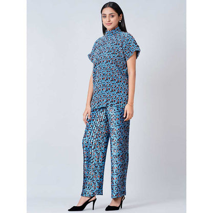 First Resort by Ramola Bachchan Blue Animal Print Top and Knife Pleated Palazzo (Set of 2)