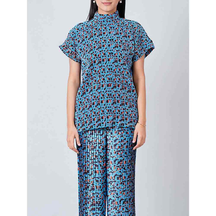 First Resort by Ramola Bachchan Blue Animal Print Top and Knife Pleated Palazzo (Set of 2)