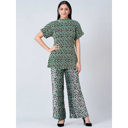 First Resort by Ramola Bachchan Green Animal Print Top and Knife Pleated Palazzo (Set of 2)