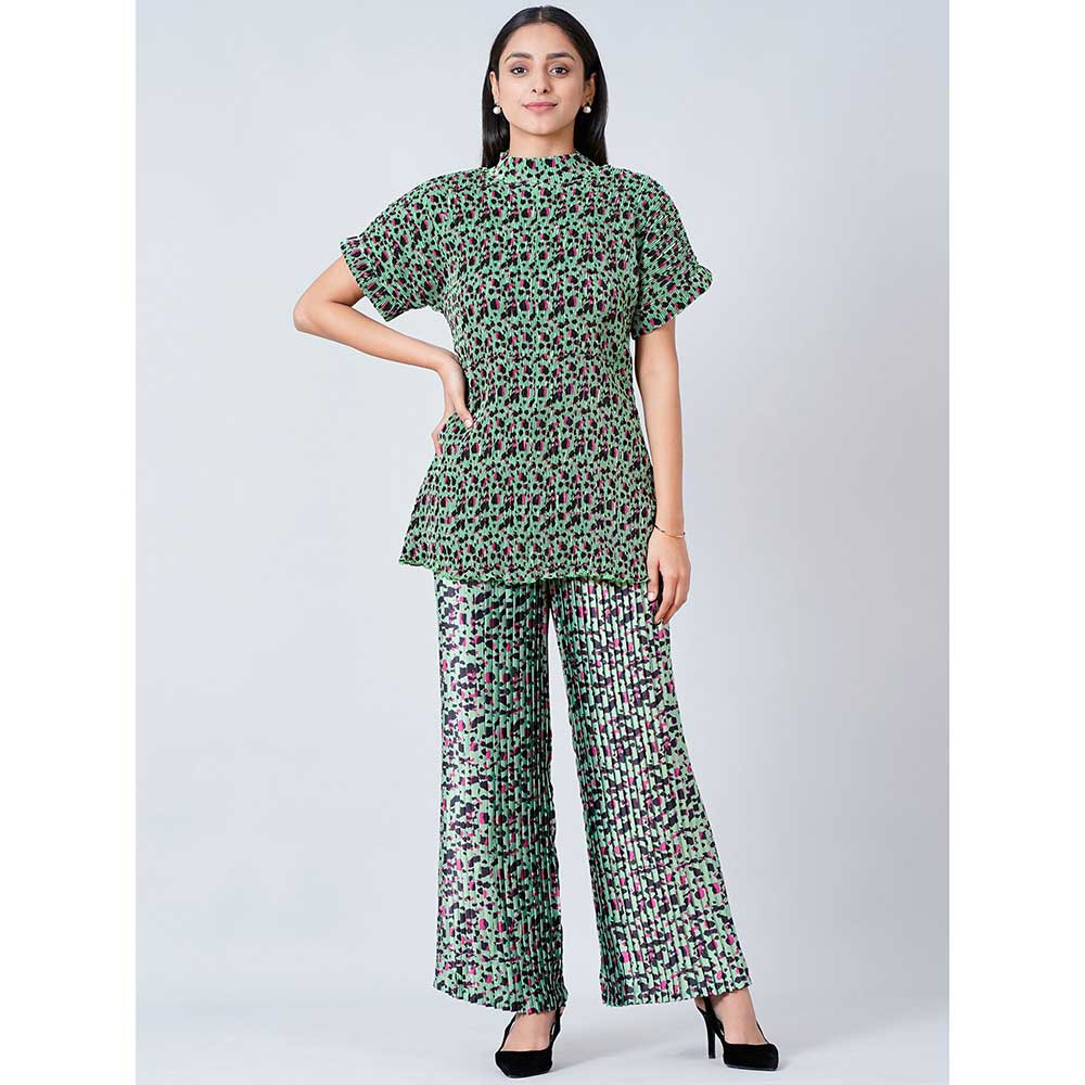 First Resort by Ramola Bachchan Green Animal Print Top and Knife Pleated Palazzo (Set of 2)