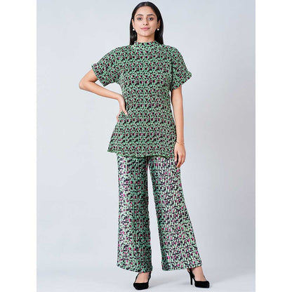 First Resort by Ramola Bachchan Green Animal Print Top and Knife Pleated Palazzo (Set of 2)