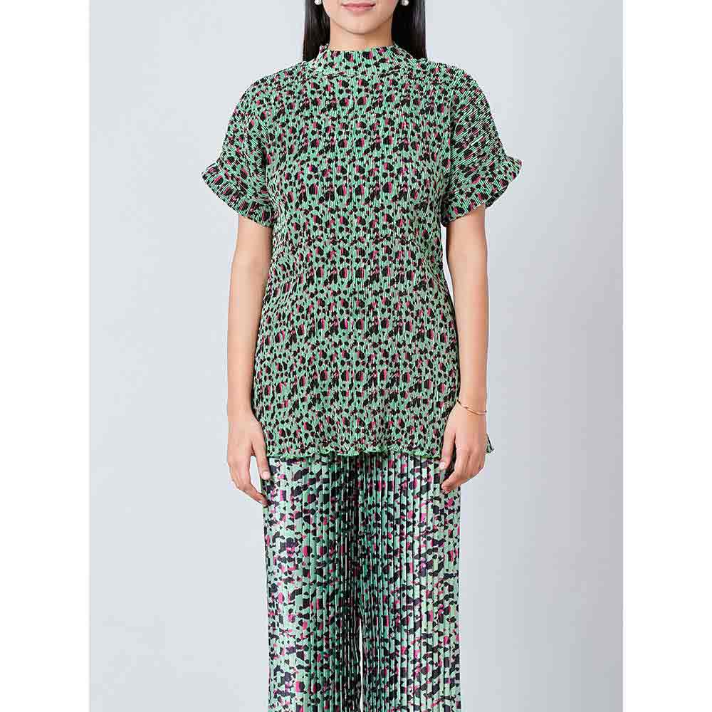 First Resort by Ramola Bachchan Green Animal Print Top and Knife Pleated Palazzo (Set of 2)