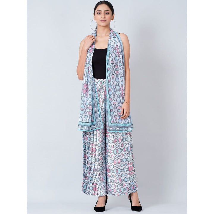 First Resort by Ramola Bachchan Blue Geometric Pleated Palazzo and Stole (Set of 2)