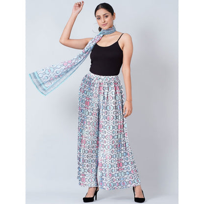 First Resort by Ramola Bachchan Blue Geometric Pleated Palazzo and Stole (Set of 2)