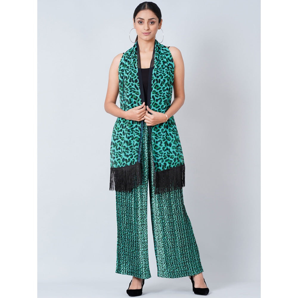 First Resort by Ramola Bachchan Teal Animal Print Pleated Palazzo and Stole (Set of 2)