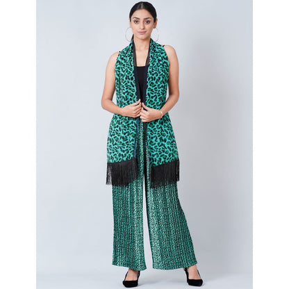 First Resort by Ramola Bachchan Teal Animal Print Pleated Palazzo and Stole (Set of 2)