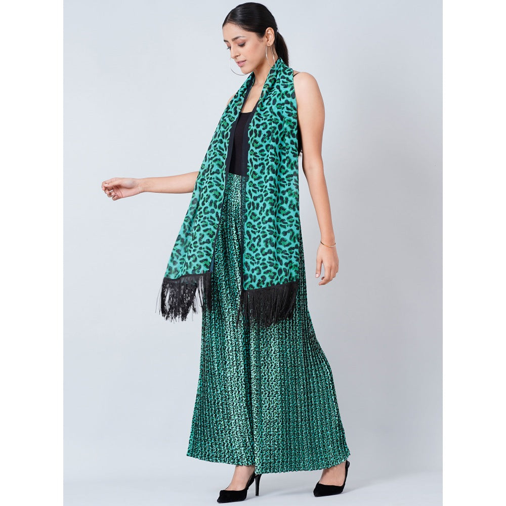 First Resort by Ramola Bachchan Teal Animal Print Pleated Palazzo and Stole (Set of 2)