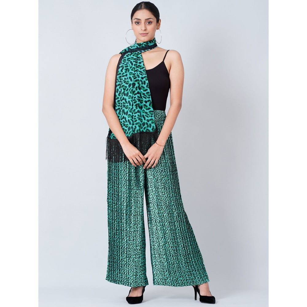 First Resort by Ramola Bachchan Teal Animal Print Pleated Palazzo and Stole (Set of 2)