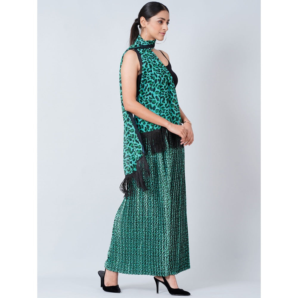 First Resort by Ramola Bachchan Teal Animal Print Pleated Palazzo and Stole (Set of 2)