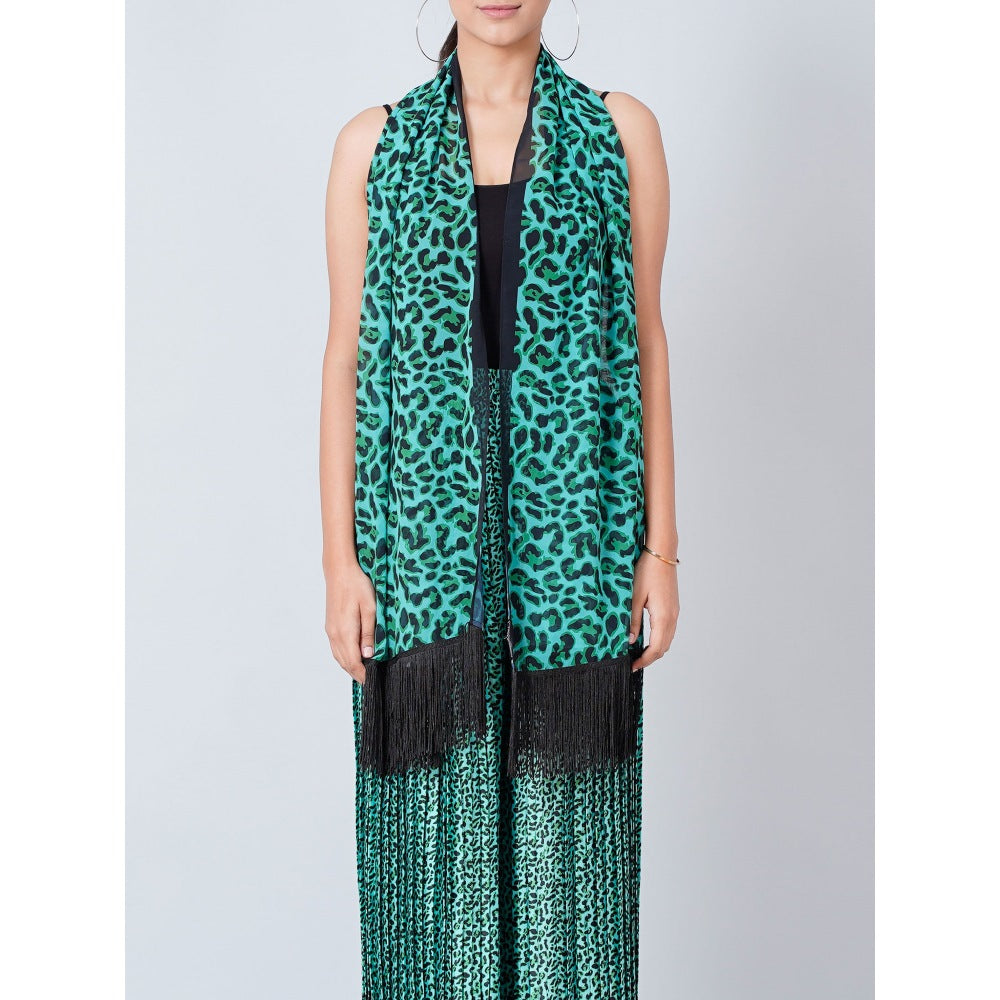 First Resort by Ramola Bachchan Teal Animal Print Pleated Palazzo and Stole (Set of 2)