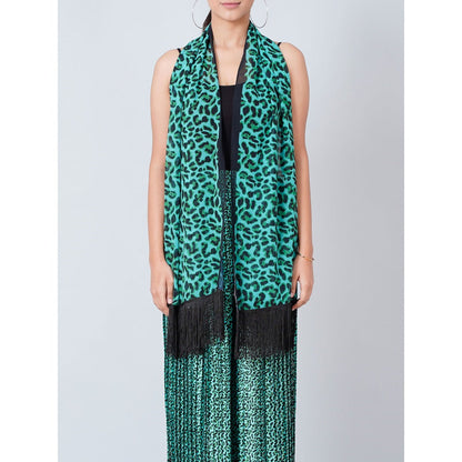 First Resort by Ramola Bachchan Teal Animal Print Pleated Palazzo and Stole (Set of 2)