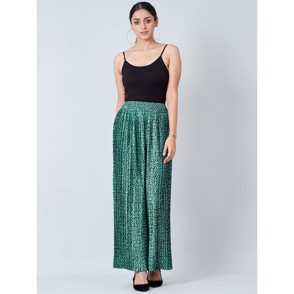 First Resort by Ramola Bachchan Teal Animal Print Pleated Palazzo and Stole (Set of 2)
