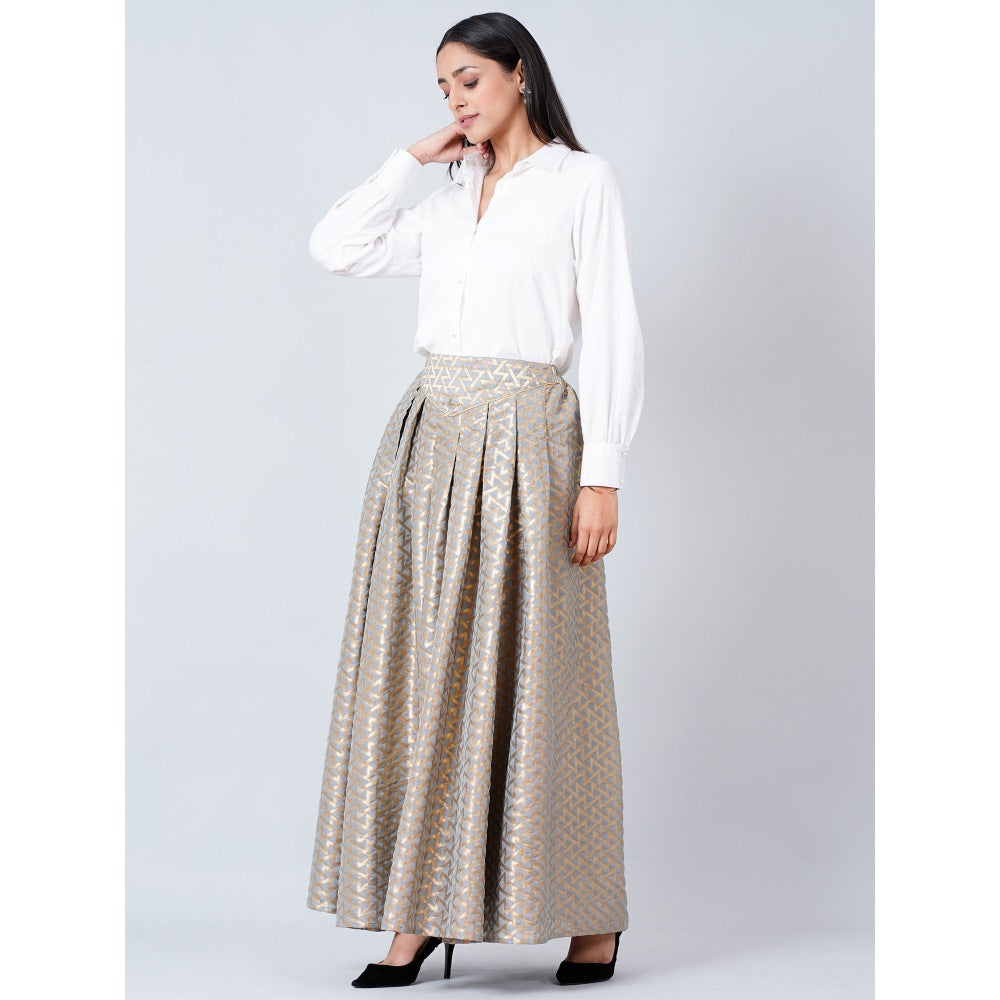 First Resort by Ramola Bachchan Grey Brocade Skirt and White Cotton Shirt (Set of 2)