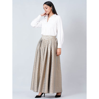 First Resort by Ramola Bachchan Grey Brocade Skirt and White Cotton Shirt (Set of 2)