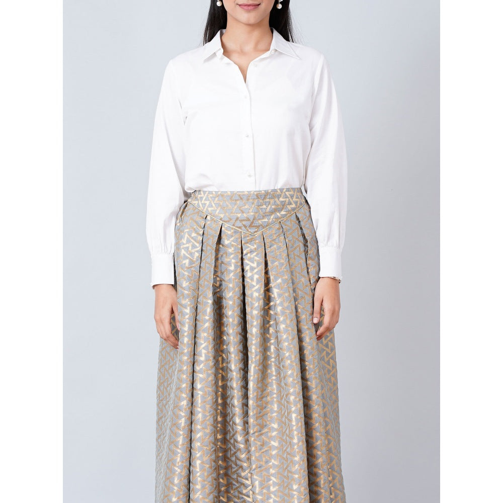 First Resort by Ramola Bachchan Grey Brocade Skirt and White Cotton Shirt (Set of 2)