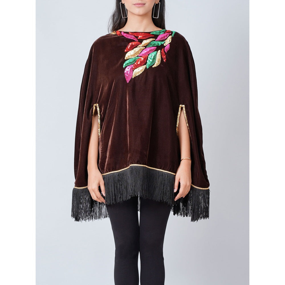 First Resort by Ramola Bachchan Brown Sequinned Velvet Poncho