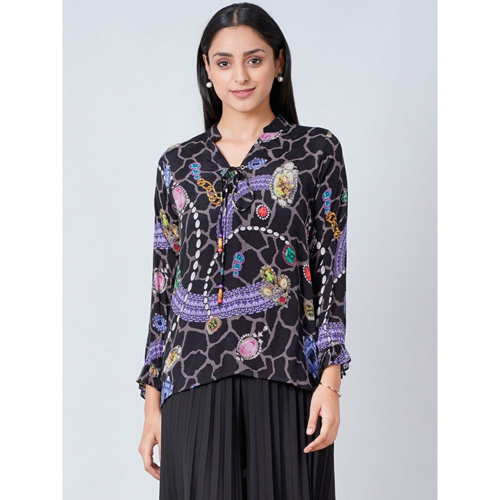 First Resort by Ramola Bachchan Black Jewel Print Lace-Up Top