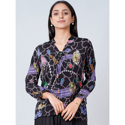 First Resort by Ramola Bachchan Black Jewel Print Lace-Up Top