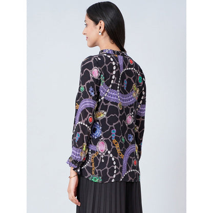 First Resort by Ramola Bachchan Black Jewel Print Lace-Up Top