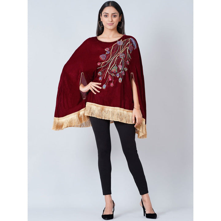 First Resort by Ramola Bachchan Maroon Floral Sequinned Velvet Poncho with Golden Fringe
